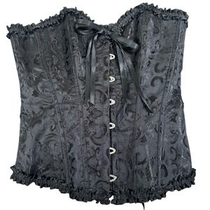 Black Brocade Corset Bustier Ruffle Lace Up Medium Whimsigoth Steampunk Feminine